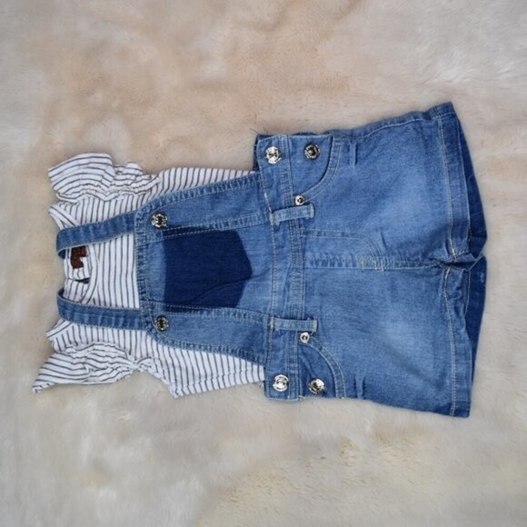 7 For All Mankind Girls Denim Overall Shorts Striped T-Shirt Set Size 12 Months - Picture 6 of 9